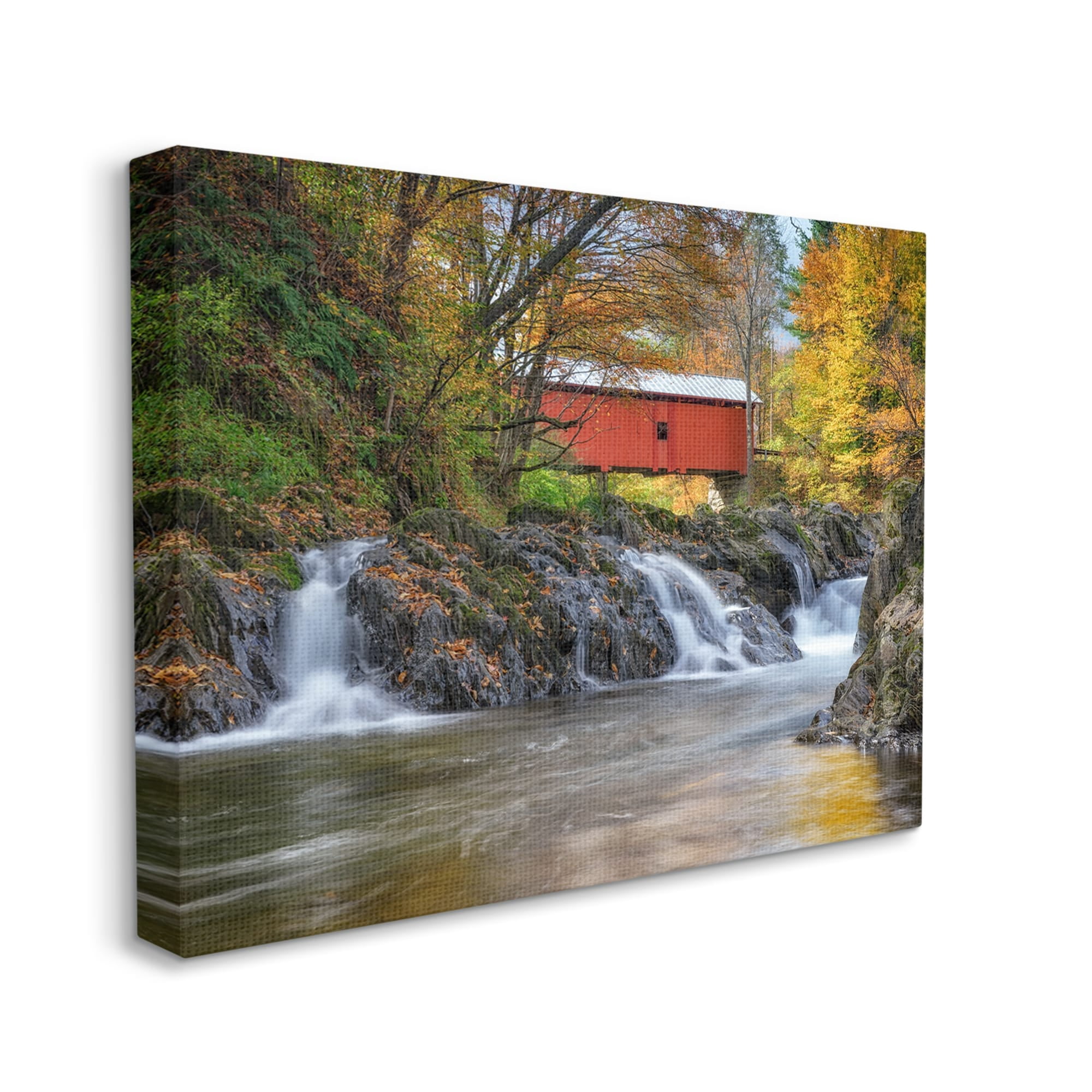 Stupell Bridge Waterfalls Flowing River Foliage Landscape Photography Gallery Wrapped Canvas Print Wall Art