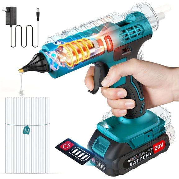 100W Full Size Cordless Rechargeable Hot Glue Gun 20V Battery Included 12pcs 0.43'' Glue Sticks for Crafts DIY Blue (Fit Makita)
