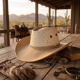thumbnail image 5 of Unisex Adult Leather Western Cowboy Hat Small Brim Letter Detail Adjustable Chin Strap Cap for Country Festivals and Themed Events and Outdoor Parties Beige One Size, 5 of 5