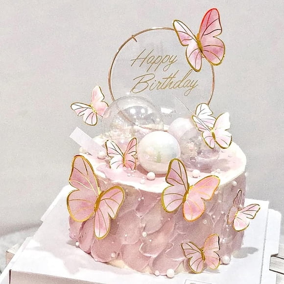 Adornos para tartas Hazyore Pink Butterfly Happy Birthday, 11 unidades
