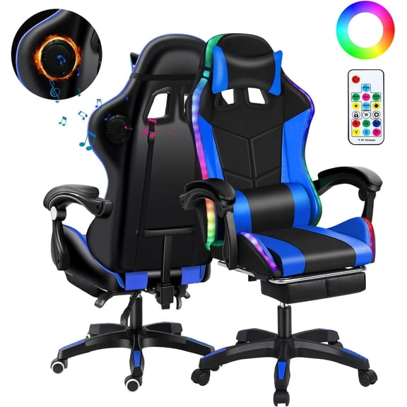 Gaming Chairs with Bluetooth Speakers and Led Lights, Massage Gamer Chair with Footrest High Back and Lumbar Support, Ergonomic Height Adjustable Video Game Chairs Recliner for Adults (Black Blue2)
