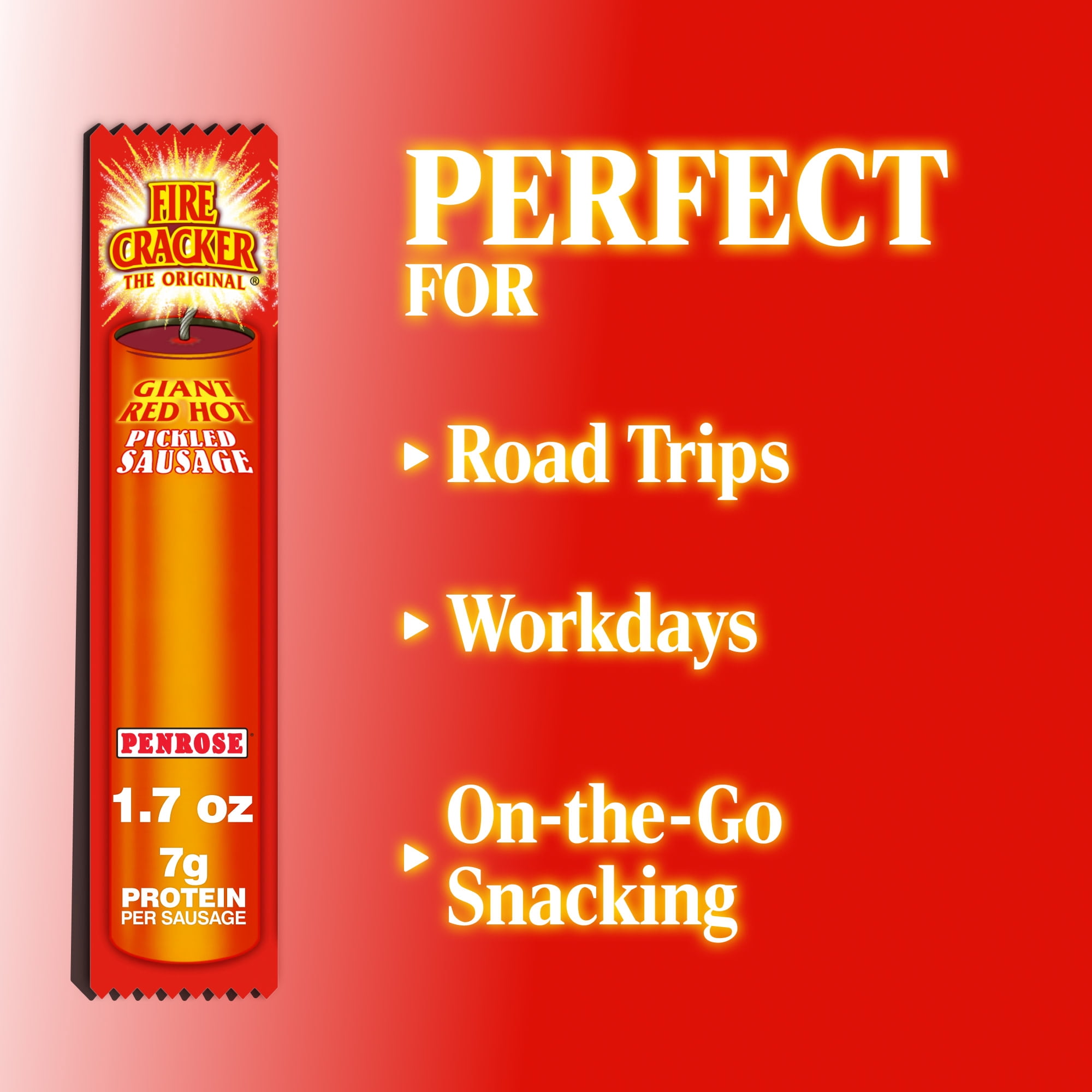 Penrose Fire Cracker Giant Red Hot Pickled Sausage, 7g Protein per Sausage, 1.7 oz.