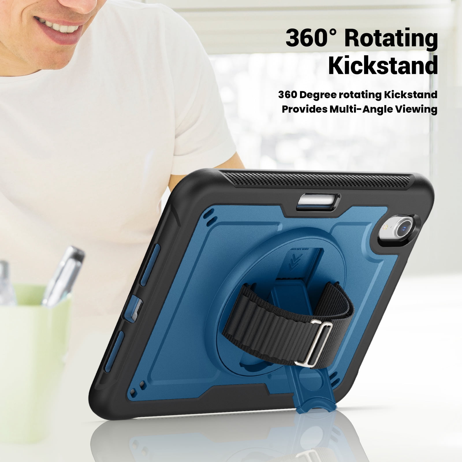 ELEHOLD Rugged Case For Apple iPad 11th(A16) 2025/10th Gen 2022,360 Rotating Stand Hand Strap Shoulder Strap Pencil Holder Full-Body Heavy Duty Shockproof Protective Case,Navyblue