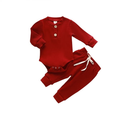 

Infant Baby Knit Outfits Suits Buttons Round Neck Long Sleeve Romper Top + Elastic Long Pant