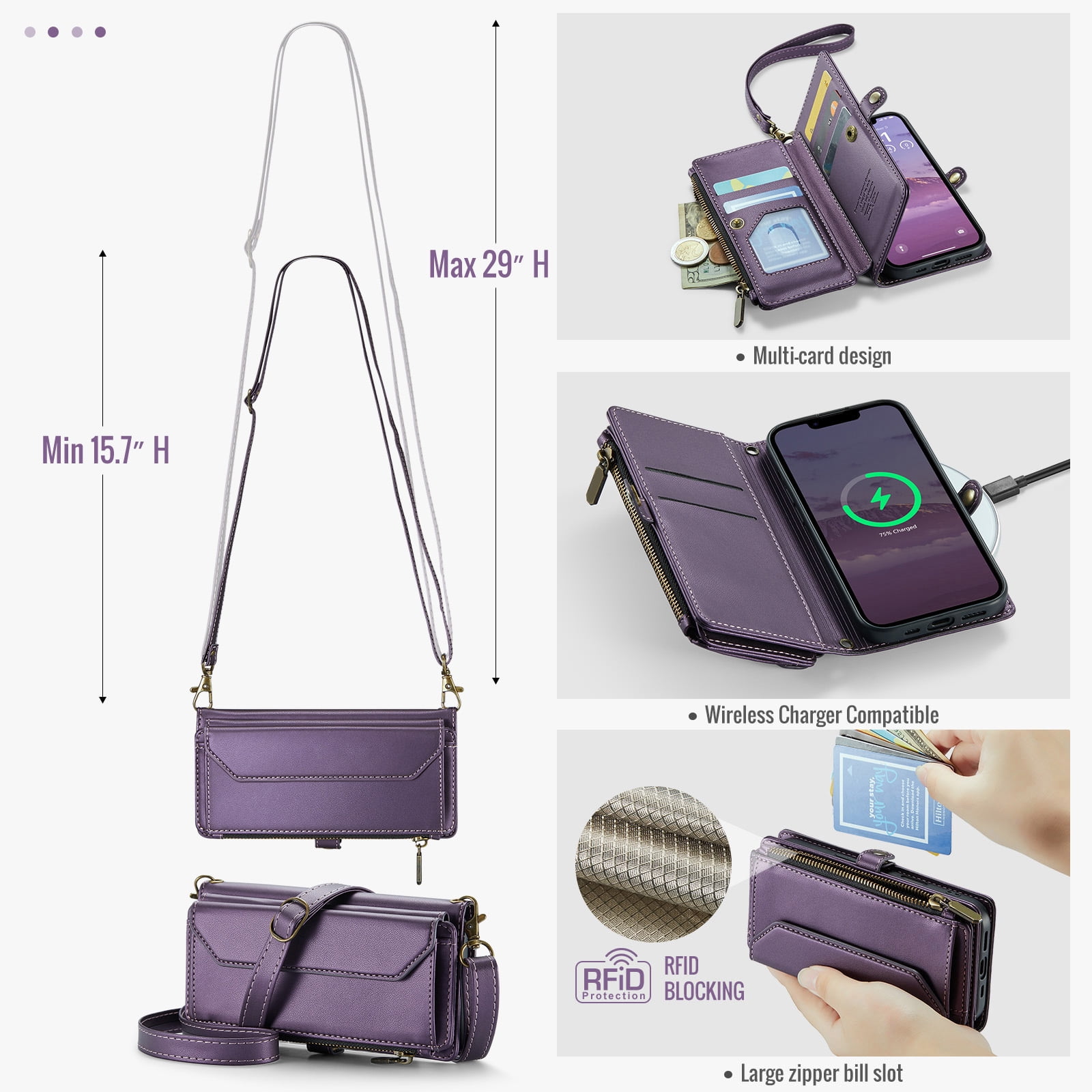 Compatible with iPhone 16e/SE 2025/SE 4 Zipper Wallet Phone Case Tempered Glass Screen Protector Crossbody Lanyard Strap Flip Card Holder Slot Cell Cover for i Phone16e i16e 16 e SE4 Women Purple
