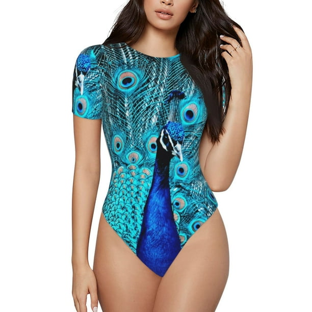 Balery Beautiful Blue Peacock Body de cuello redondo de manga corta para mujer Tops de manga corta Tops básicos-XX-Large