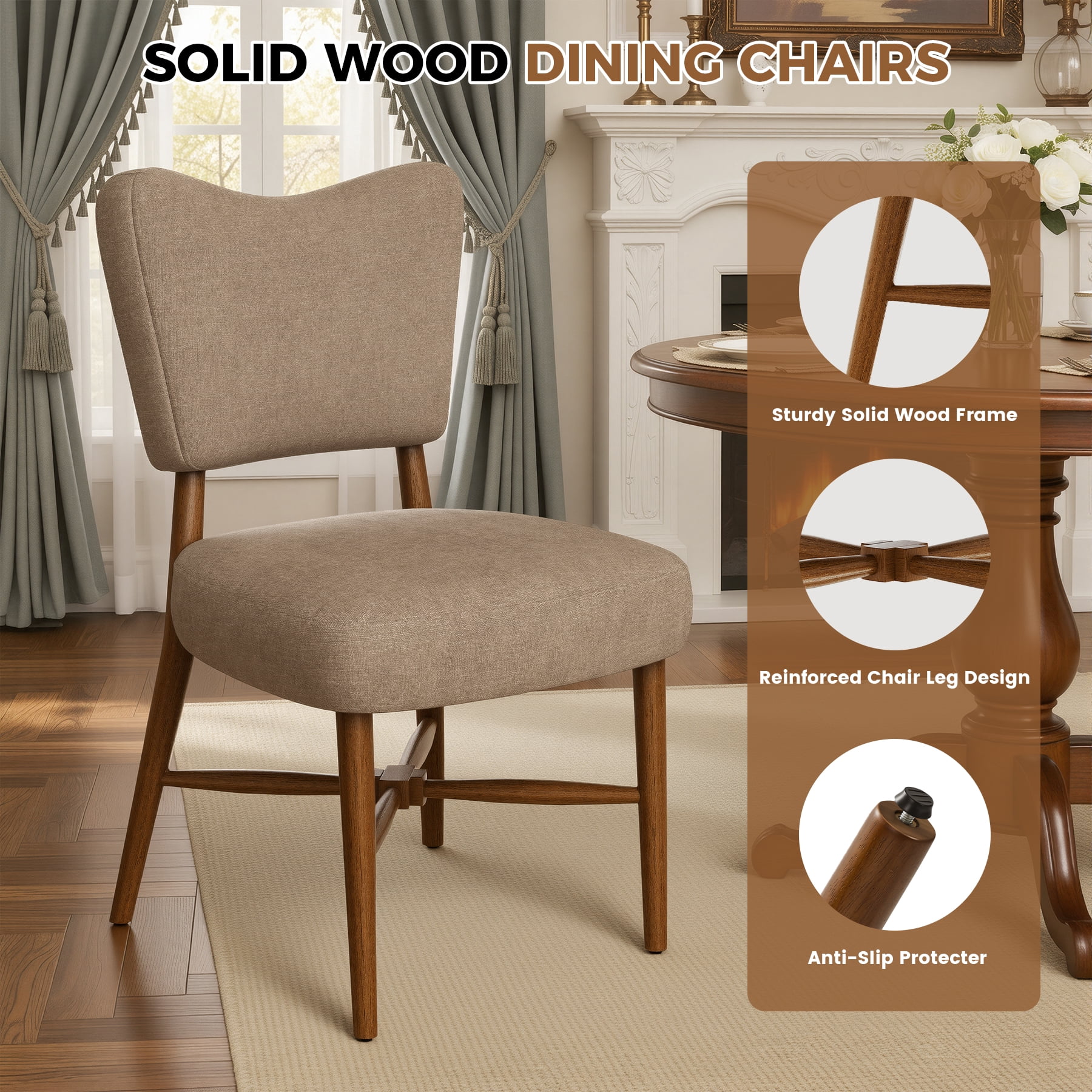 MOONMISS Upholstered Dining Chairs(Set of 2), Modern Farmhouse Accent Chairs with Solid Wood Legs, Fabric Kitchen & Dining Room Chairs,Brown