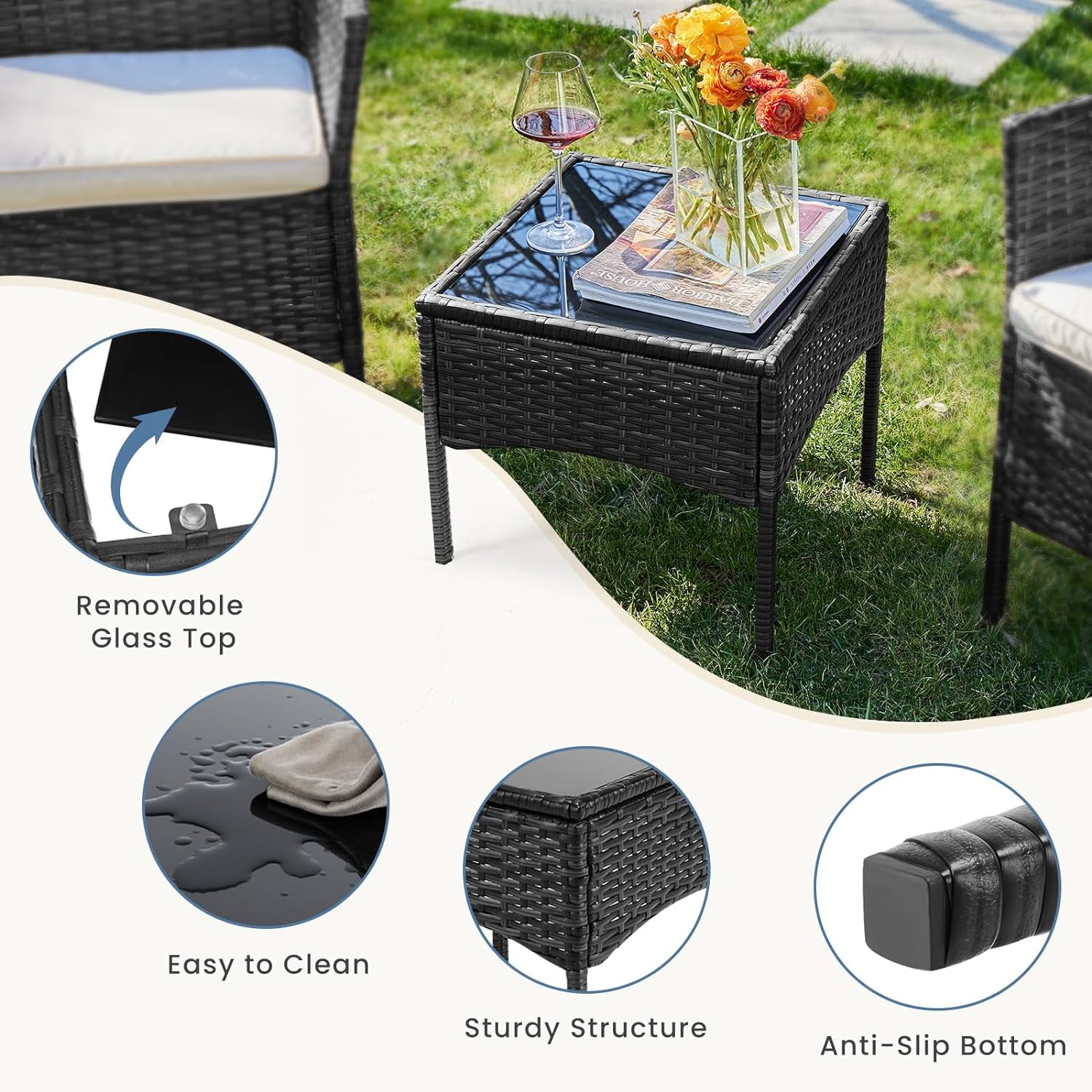 Patio Furniture Set, 3 Pieces All-Weather Rattan Outdoor Furniture Patio Chairs with Tempered Glass Table for Porch Bistro Balcony, Black