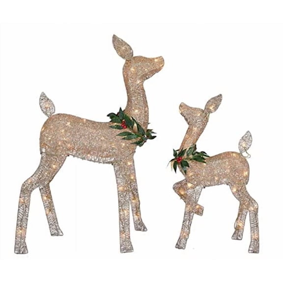 Winter Wonder - 2 Piece Brown Glittering Deer Set with Wreath, 38" Doe & 28" Fawn, 85 Clear Lights