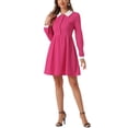 thumbnail image 2 of INSPIRE CHIC Women's Vintage Peter Pan Collar Contrast Half Placket Long Sleeve A-Line Swing Short Dress M Fushcia, 2 of 5