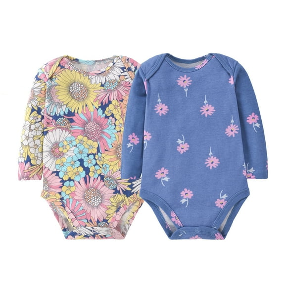 Bellafa 2-pack Long Sleeve Bodysuits One-piece 100% Organic Cotton for Infant Girls Floral Unicorn Onesies Baby Romper