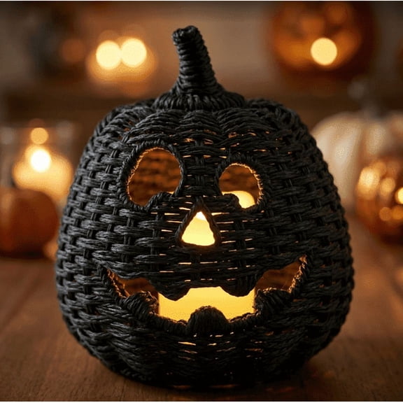 Summerween Black Halloween Woven Pumpkin Jack-O'-Lantern, Halloween Decorations Pumpkin, USE LED Candle, Rattan Fall Halloween Decor for Home Indoor Decorations
