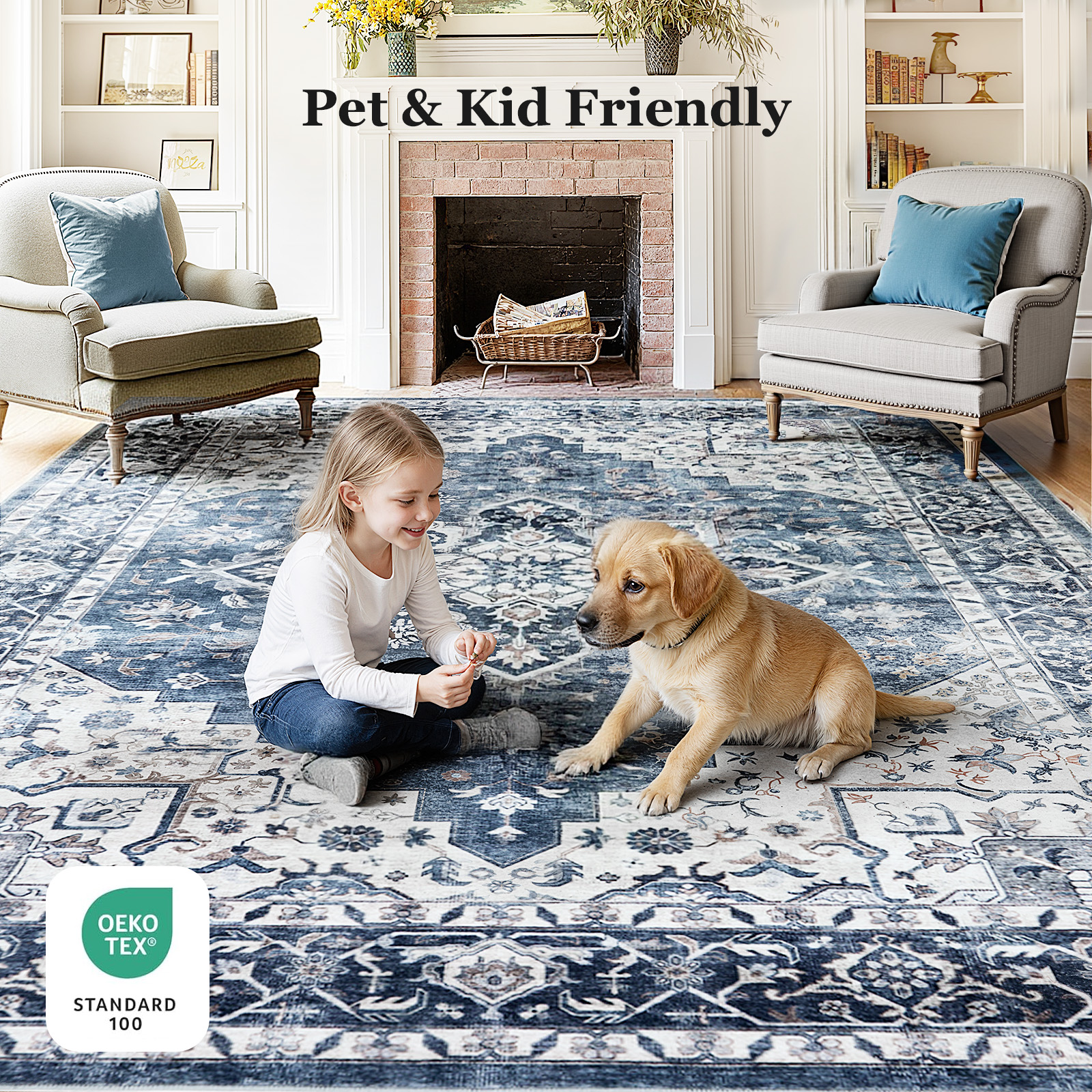 CHITOOMA 9'x12' Area Rugs for Living Room, Machine Washable Rugs Vintage Area Rug for Bedroom Dining Room Dorm Office with Non-Slip Backing, Stain Resistant Non-Shed Carpet