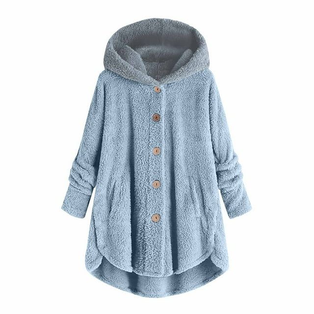 Womens Cardigan Plus Size Button Plush Tops Hooded Loose Cardigan Wool Coat Winter Jacket Navy Xl