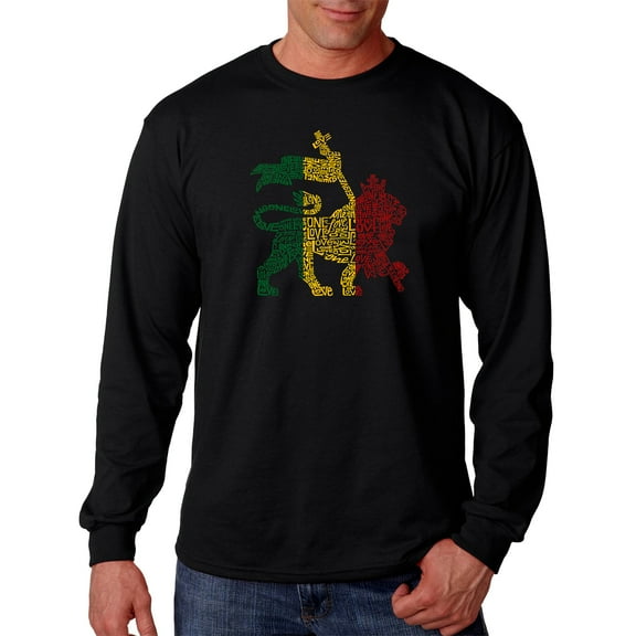 LA Pop Art Men's Word Art Long Sleeve T-shirt - Rasta Lion - One Love