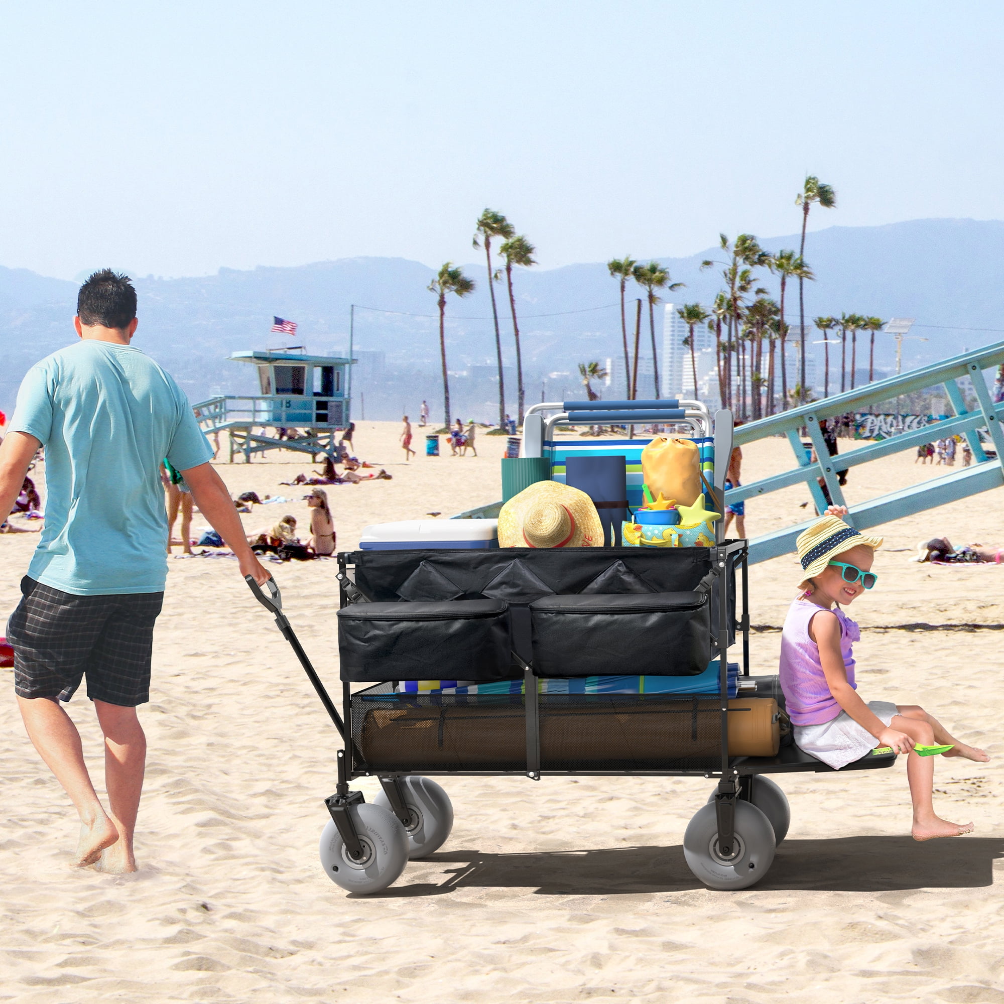 GDLF Beach Wagon, Double Decker Utility Cart with 500lb Capacity & 9" All-Terrain Balloon Tires, Collapsible Heavy Duty Buggy for Camping, Sports, Groceries
