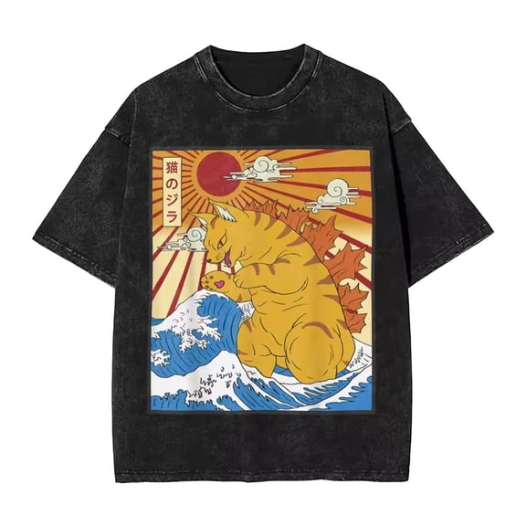 Vintage Washed Retro Cat Graphic T Shirts for Men Women Casual Short Sleeve Crew Neck Tees Japanese Style