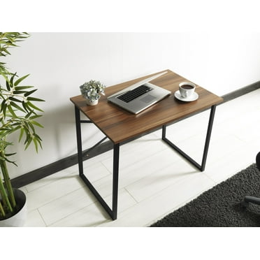 GeeHome Furnish Home Store Lator Black Metal Frame 35" Wooden Top Small Writing and Computer Desk for Teens Bedroom, Walnut