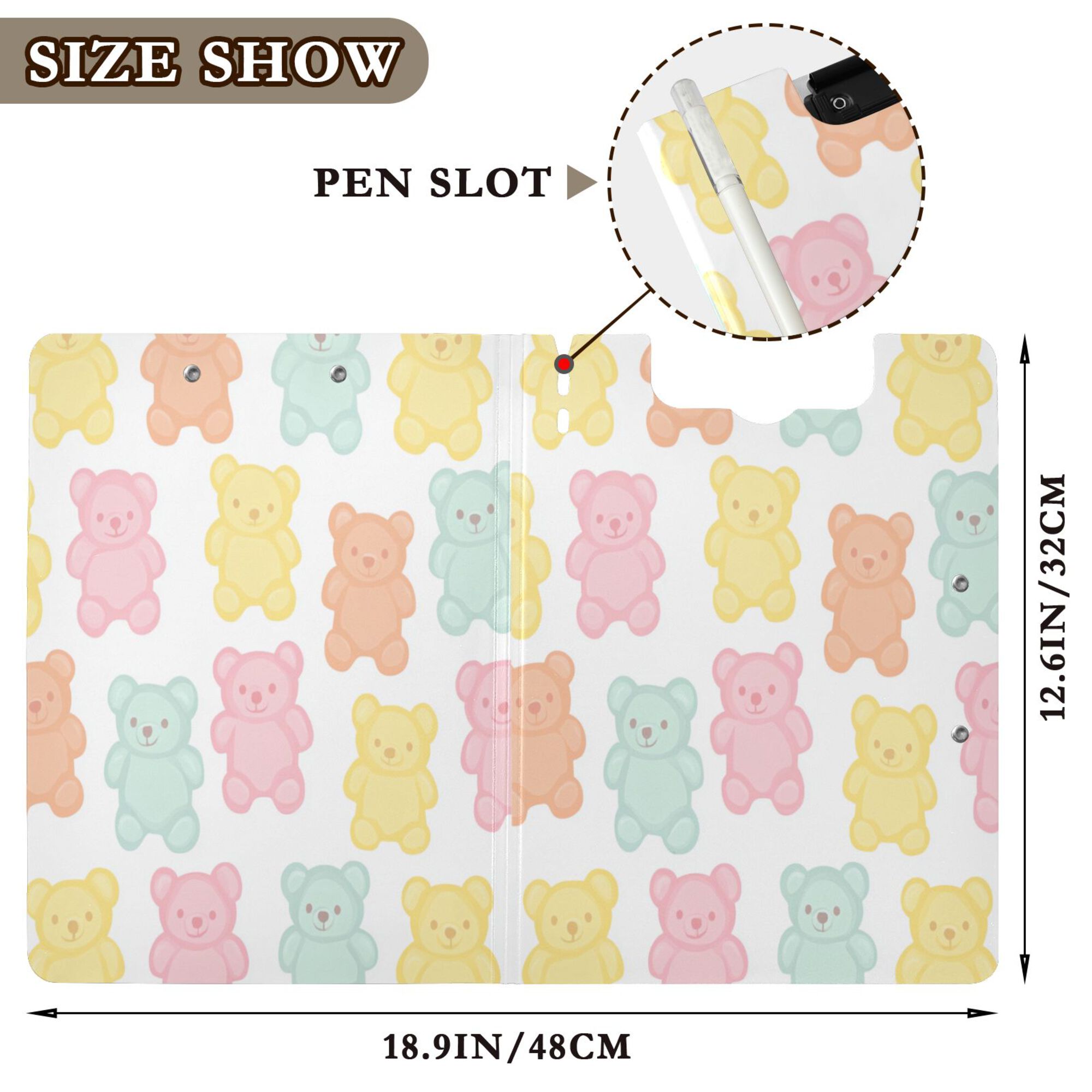 FORMRS A4 Clipboard Folder with Pen Holder Horizontal Foldable School Office Binder, Cute Gummy Bears Pattern