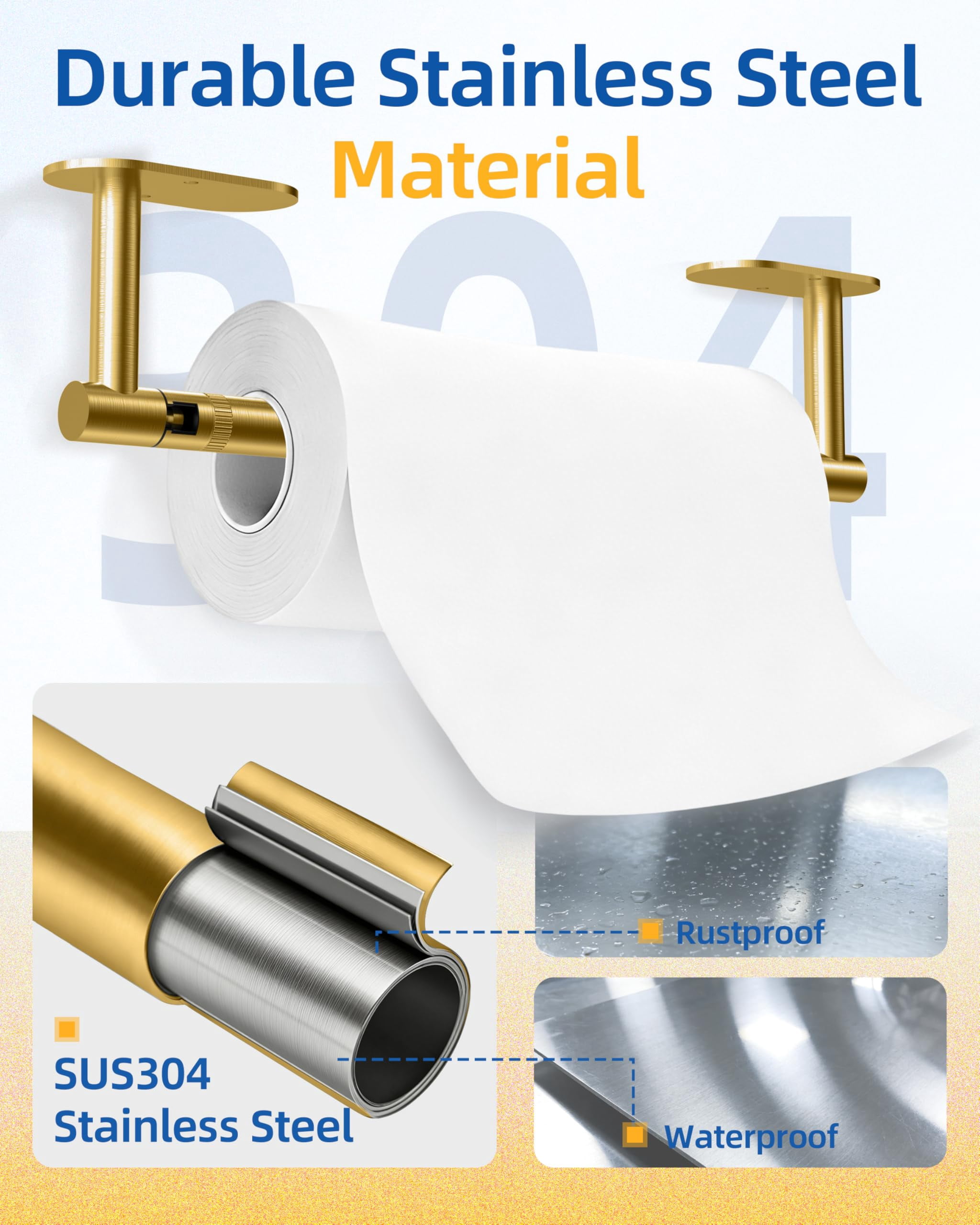 RUACQ Paper Towel Holder Under Cabinet, Self-Adhesive or Wall Mounted SUS304 Stainless Steel for Kitchen Bathroom, Brushed Gold