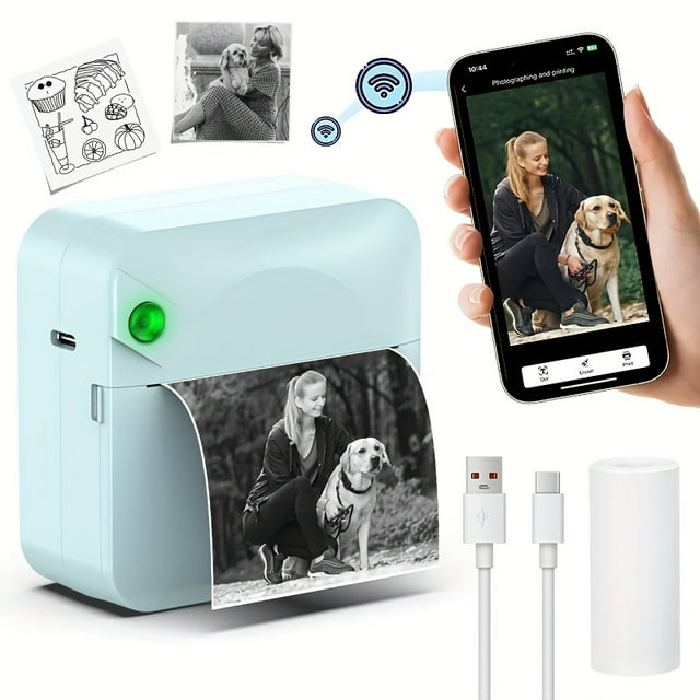 Imprimante Thermique Sans Fil Portable avec 1 Rouleau de Papier Thermique - Mini Imprimante de Reçus Sans Fil Format de Poche Convenant aux Téléphones Intelligents, Compatible pour /, Factures en Déplacement, Photos, Journaux Intimes et Notes