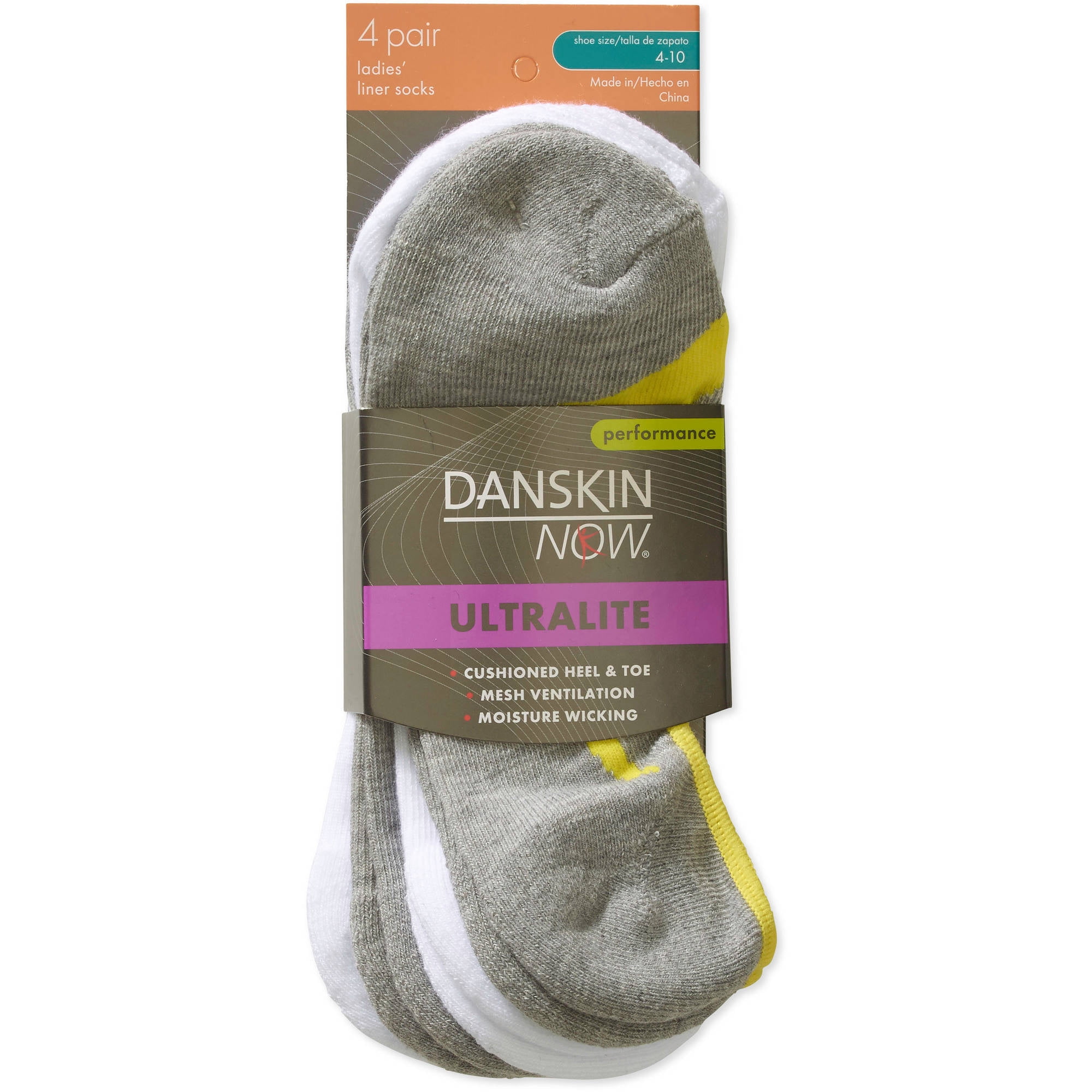 Danskin Now Women's 4 Pair Performance Ultralite Liner Socks Size 4-10 NEW 