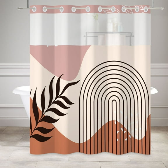 MIZHONA Beige No Hook Shower Curtain with Snap in Liner,Boho Vintage Bathroom Curtain,71"× 74"