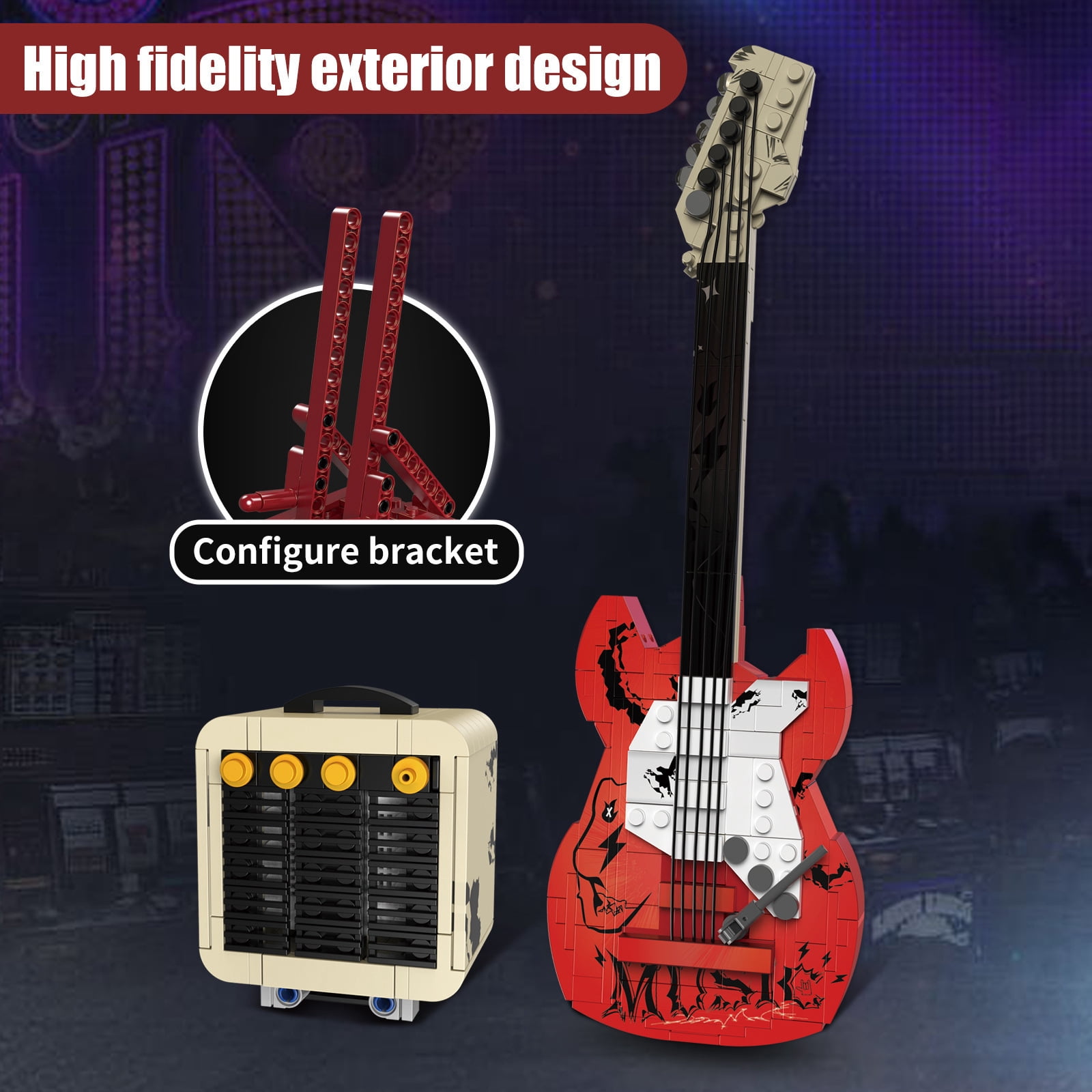 500+PCS Building Blocks Guitar Bluetooth Speaker, Assembleable Music Decor with Stand, Compatible Major Bricks, Gift for Music Lovers Christmas Birthday Valentine's Day