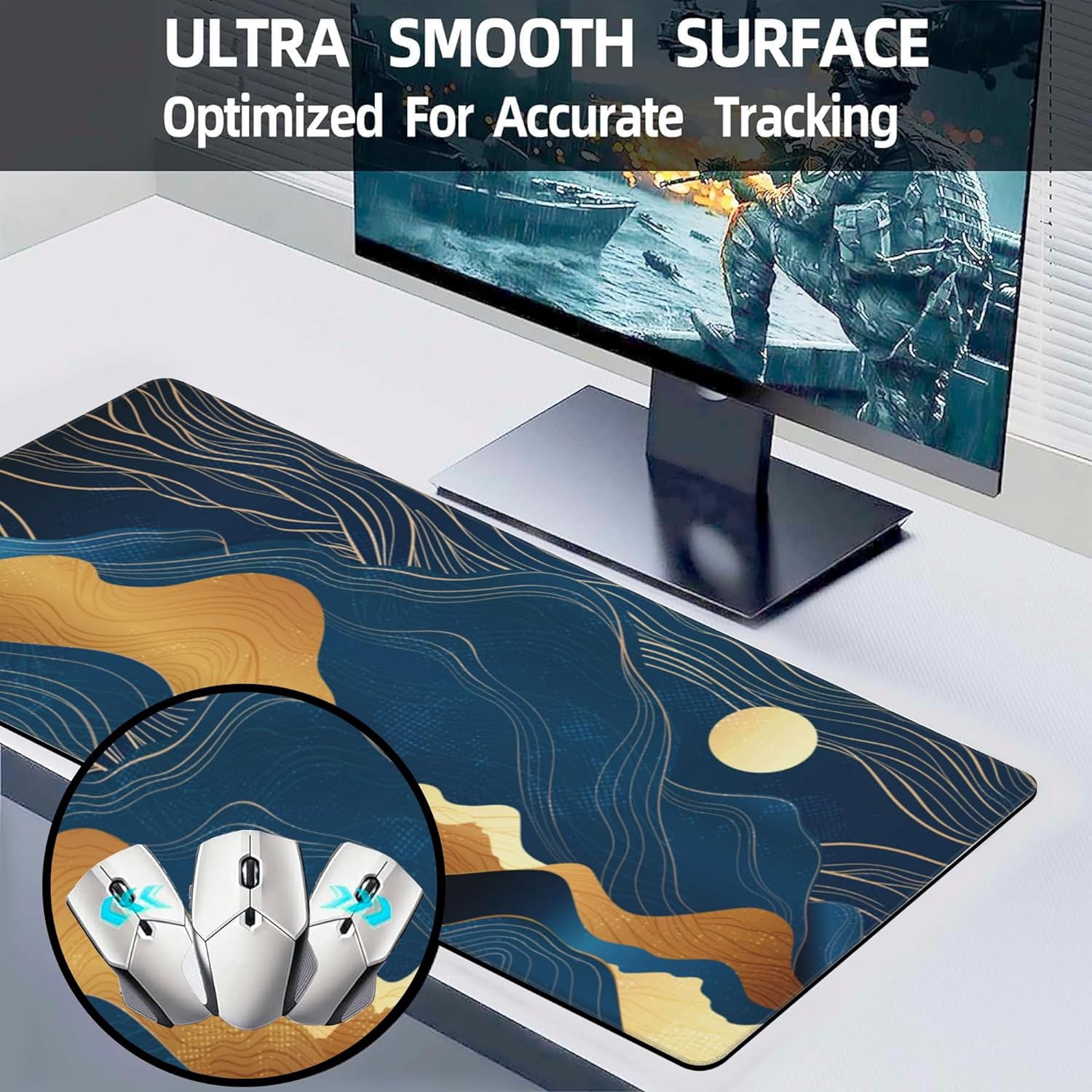 Desk Pad, Night Moon and Golden Mountains Extended Large Gaming Mouse Pad for Desk XXL, Large Desk Mat for Desktop with Non-Slip Rubber Base Stitched Edges for Home Office Desk 35.4"X15.7"