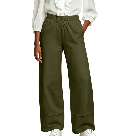 ZHYou No Boundarie Pants for Women Elastic High Waist Wide Leg Cuffed Hem Loose Casual Pull On Trousers with Side Pockets,Army Green,Size M