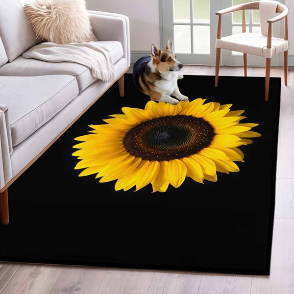 3'x5' Rug for Living Room Bedroom, Yellow Sunflowers Washable Area Rugs Non-Slip Carpet Mats, Spring Flowers Modern Simple Art Black Indoor Low Pile Area Rug Runner for Kitchen, Mudroom