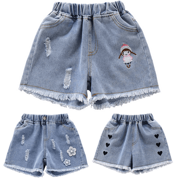 Pounoo 3 Pcs New Jean Shorts Girls Loose Print Summer Little&Big Shorts Jeans with Pocket Quick Drying Comfort Waist Girls Shorts Size 10-12