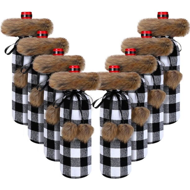 8 Piezas Fundas para Botellas de Vino de Navidad Bolsas de Regalo de Vino a Cuadros de Búfalo Suéter de Piel Sintética de Navidad Bolsas para Porta Botellas de Vino Bolsas para Decoraciones de Adornos de Cena de Navidad (Blanco y Negro) Rojo Verde