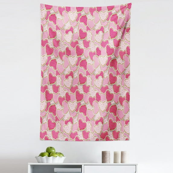 Valentines Tapestry, Heart Shaped Cookies Surprise Tasty Goodies for Valentines Day, Fabric Wall Hanging Decor for Bedroom Living Room Dorm, 5 Sizes, Pale Brown Pale Pink, by Ambesonne
