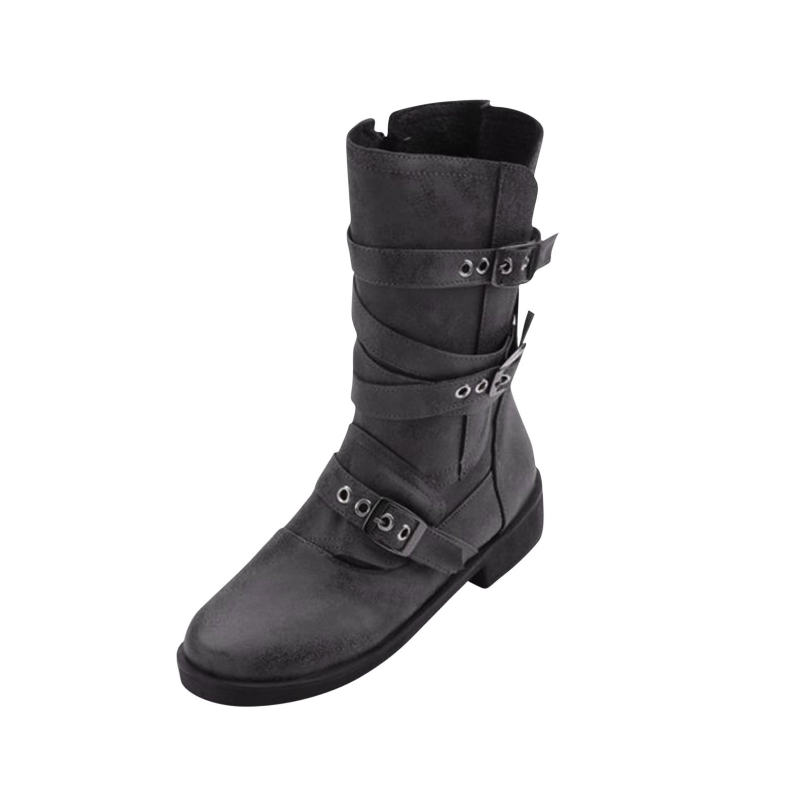 symoid Womens Mid Calf Boots- Winter Low Heel Flat Round Head Side Zipper  Belt Buckle Medium Boots Black 36 