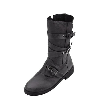 

jsaierl Women s Winter Low Heel Flat Round Head Side Zipper Belt Buckle Medium Boots