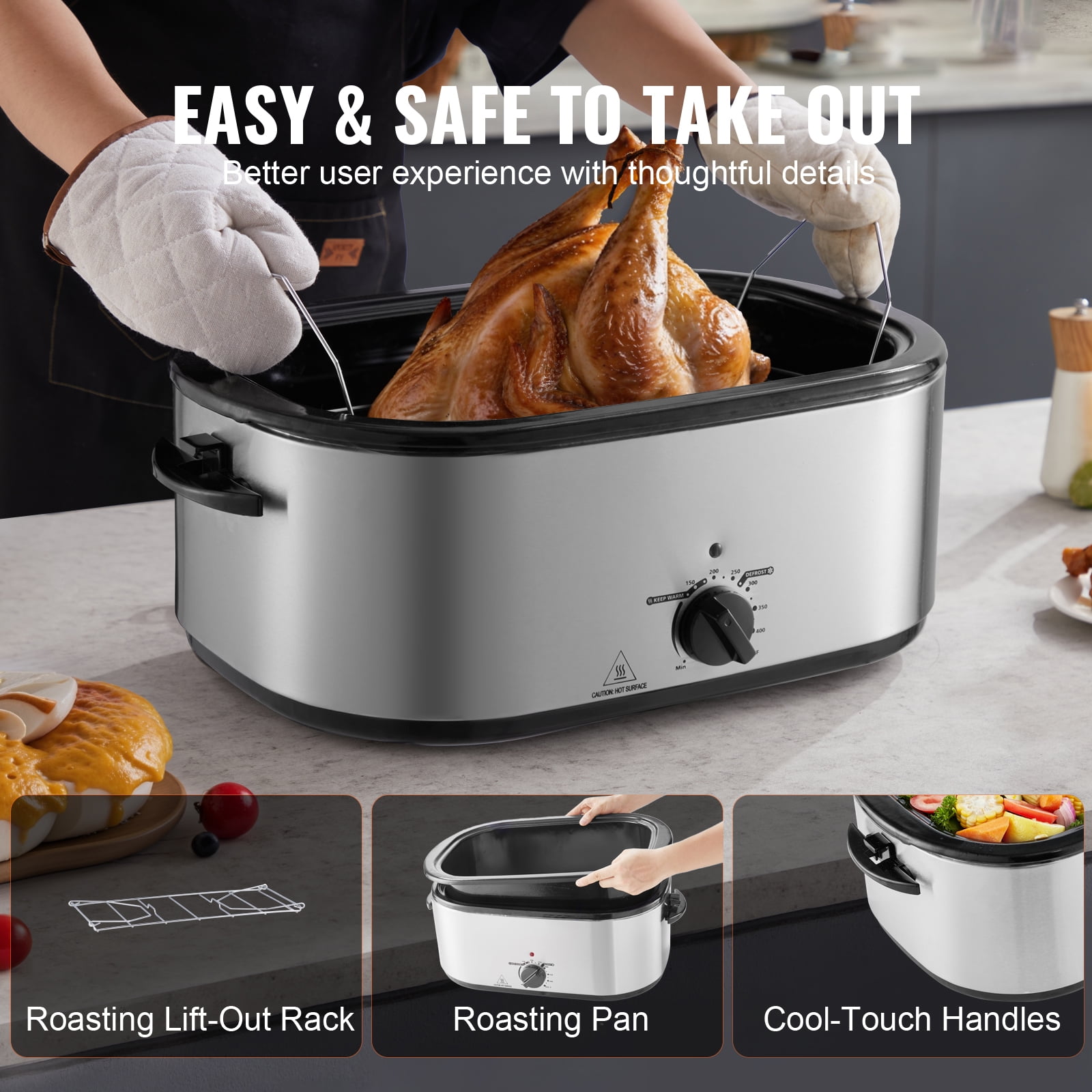 KFFKFF Electric Turkey Oven, 24 QT Capacity with Self-Basting Cover, 1450W, Features Defrost & Warm Settings, Temp Control, Includes Pan & Rack, Accommodates Up to 28LBS Turkeys, Silver