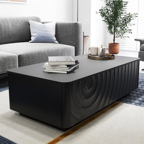 Shaiailed 47" Black Rectangle Coffee Table With Storage,Modern Coffee Table with Spiral Grain Drawers,Unique Black Center Table,Wood Coffee Tables for Living Room