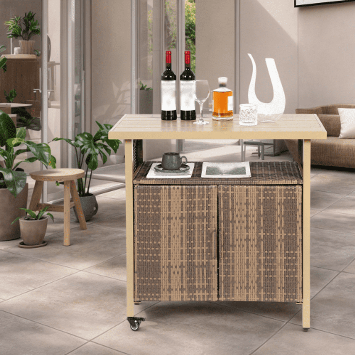 Sailvan Outdoor Wicker Bar Cart, Rolling Rattan Beverage Serving Cart with Wheels for Backyard Garden Poolside Party, Beige