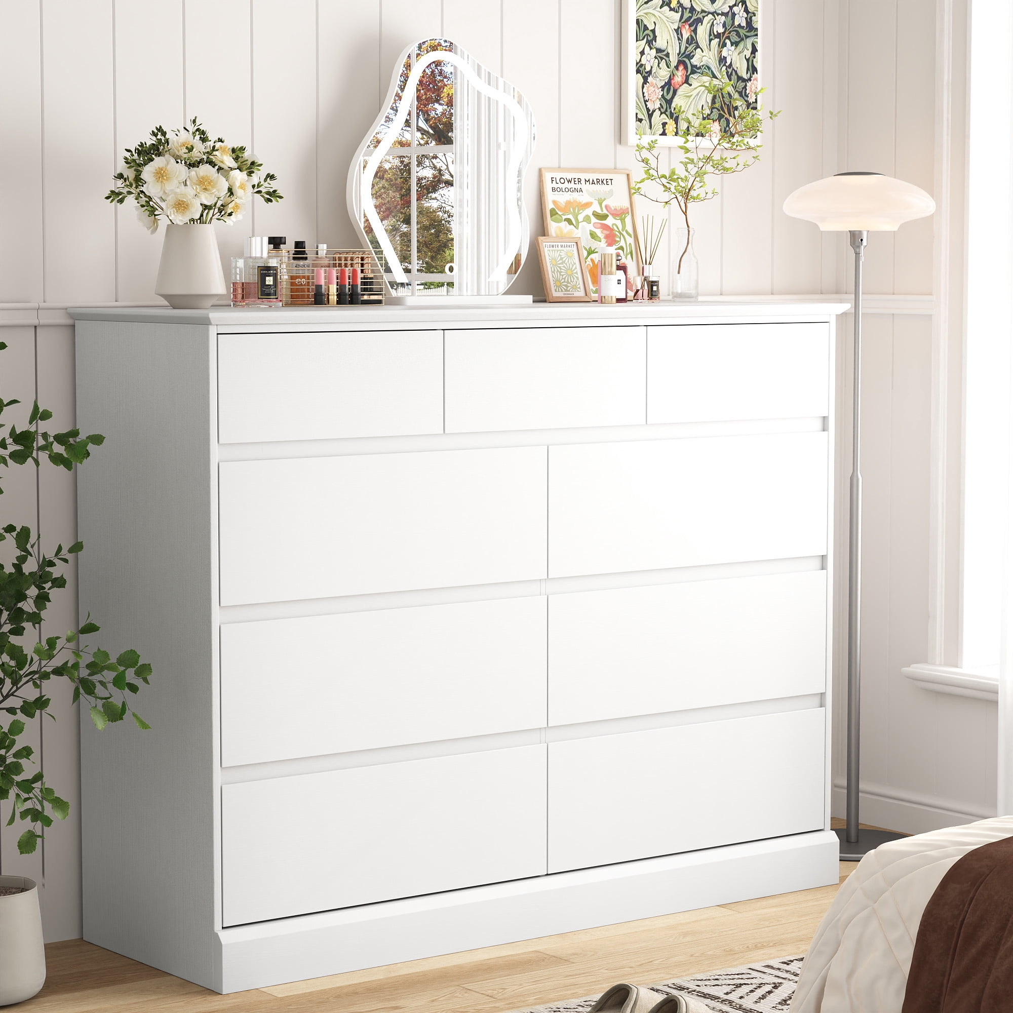 9 Drawers Dresser for Bedroom, Wood Chest of Drawers, Wide Closet Storage Dressers Organizer for Hallway, TV Stand for Living Room, White