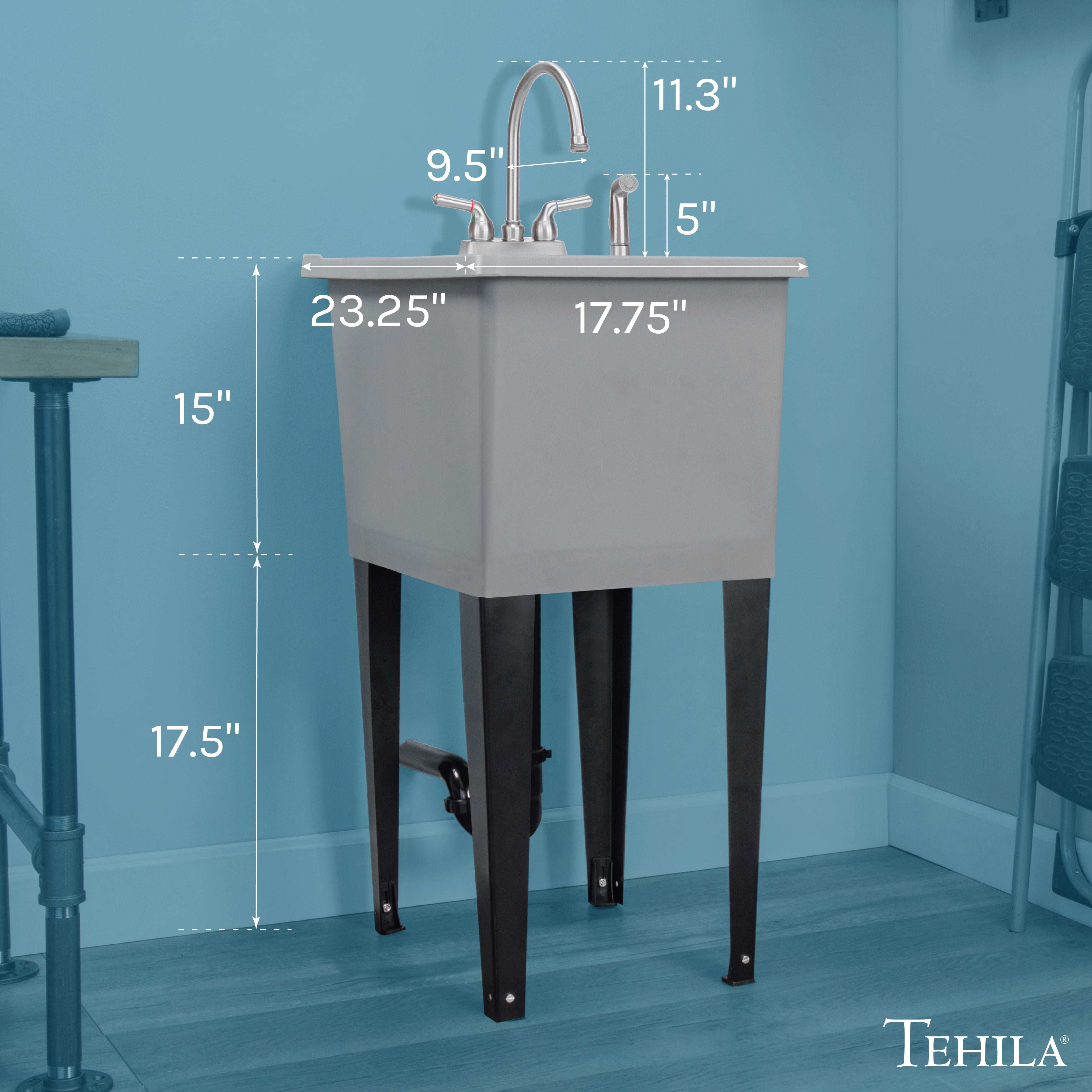 TEHILA Space Saver 16 Gallon Grey Utility Sink with Stainless Finish Faucet & Side-Sprayer