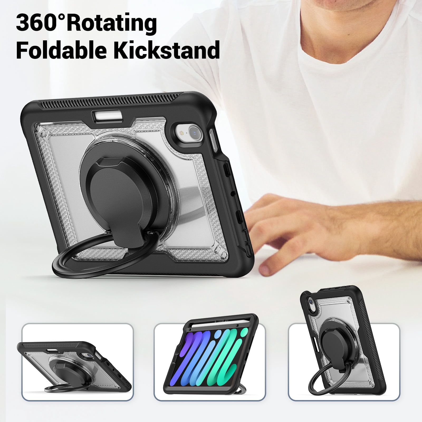 Shockproof Case for Apple iPad Mini 6th 7th Generation 8.3 Inch, Rugged Hybrid Protective Cover with Pencil Holder & Shoulder Strap Kids Friendly Rotating Kickstand Case for iPad Mini 6 7,Clear