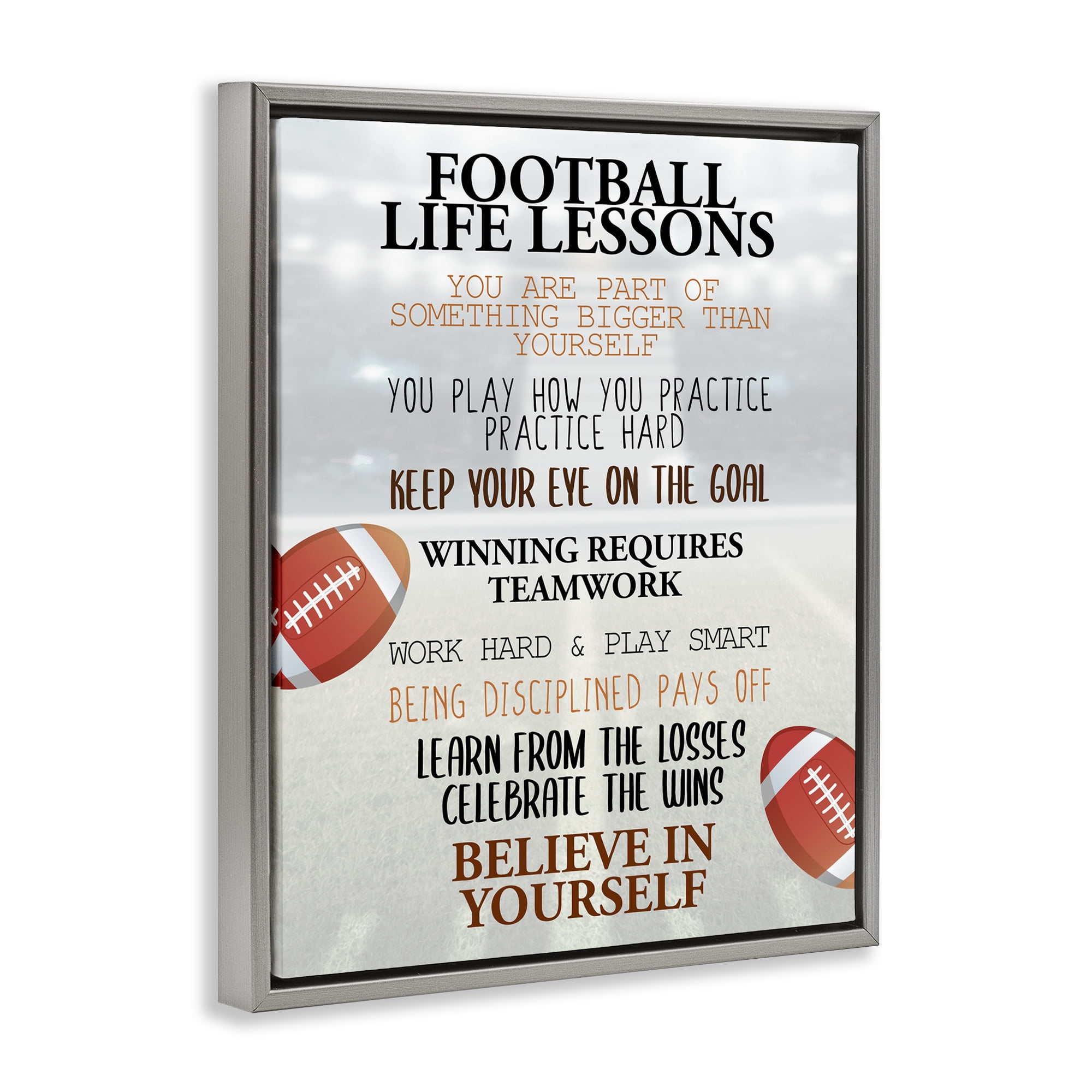 Football Life Lessons Gray Framed Floater Canvas Wall Art, design by Kim Allen