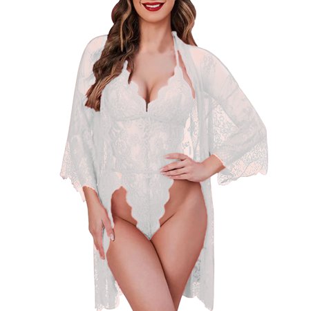 

Women Mesh Lingerie Fashion Printed Bodysuit Robe Lace 2PCS Set Underwear Nightwear Lingeries Chemise Nightie Sleepwear
