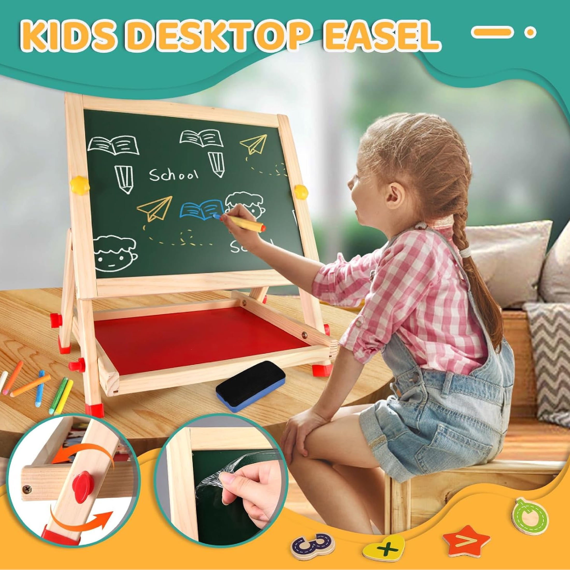 Ealing Kids Wooden Easel Double-Sided Tabletop Drawing Board Magnetic Whiteboard Chalkboard, with Letters Numbers  & Art Supplies, Preschool Learning Toys for  Boys Girls Ages 3+