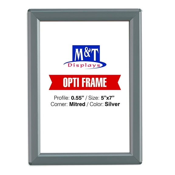 M&T Displays 5x7 Snap Frame, Opti Frame, Aluminum, Front Loading Photo Frame - Silver