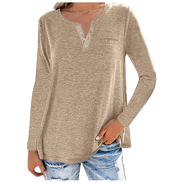 Gibobby Blusa Termica Blusa Mujer Casual Color Soild Long Fashion T-shirt Collar Tops Manga Mujer Blusa(Caqui, S)