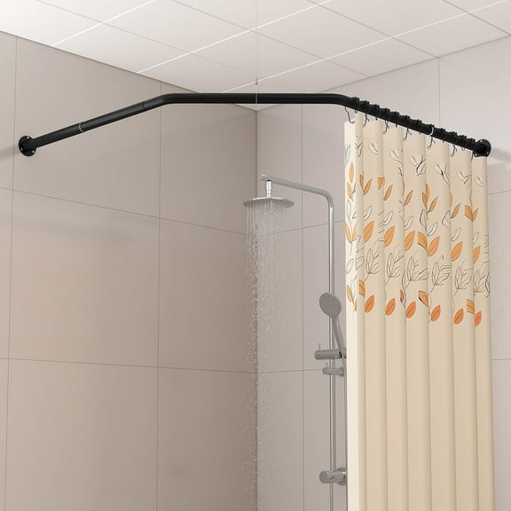 Diamond Shaped Corner Shower Curtain Rod, [Both Sides: 22"-34.8", Middle: 28"-43.7"] Adjustable Heavy Duty Angled Shower Curtain Pole for Bathroom with 12 Hooks & Ceiling Support - Matte Black