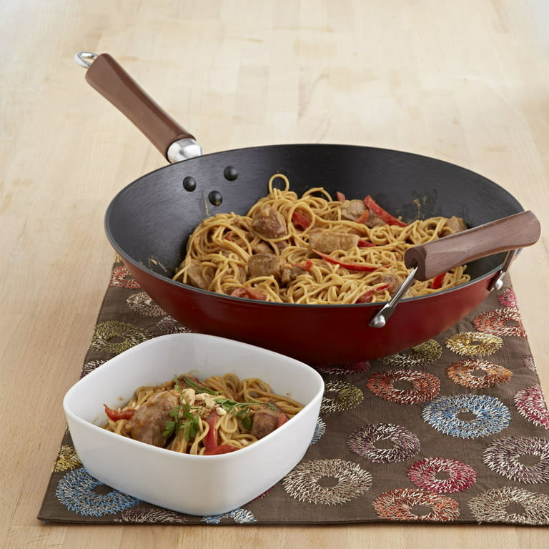Klee Pre-Seasoned Cast Iron Wok Pan with Wood Wok Lid and Handles - 14  Large Wok Pan with Flat Base and Non-Stick Surface for Deep Frying