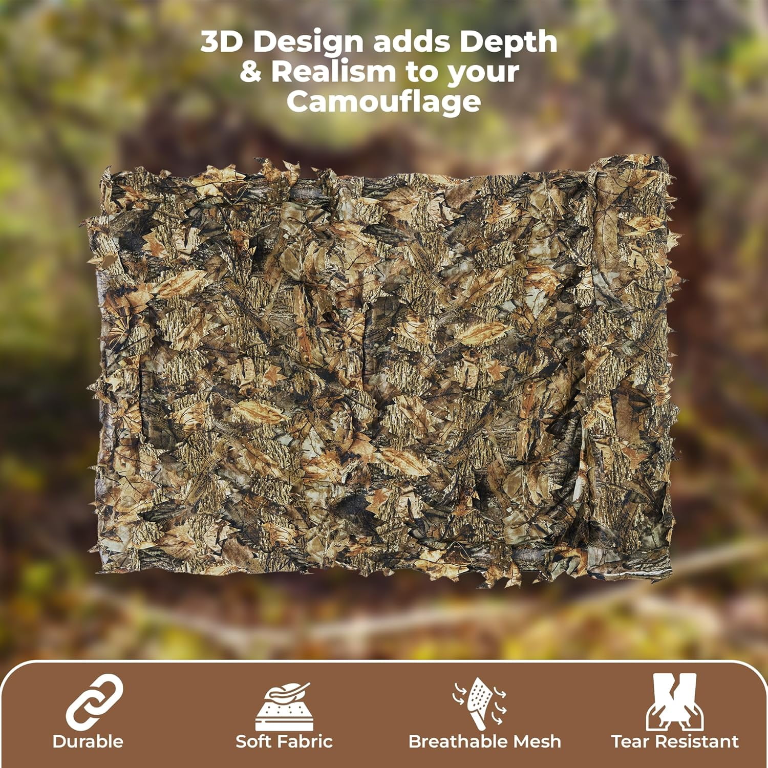 Camo Netting 3D Leafy Camouflage Net for Hunting, Tree Stands Concealment, Traping, Sunshade, Decoration, Shooting, Paint Ball and More, 5 ft X 12 ft (Autumn Brown)